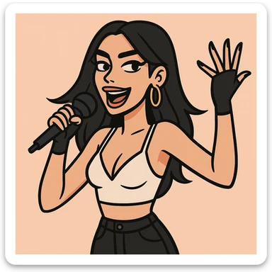 Dua Lipa cartoon portrait, energetic, modern pop star style, signature dark hair sticker