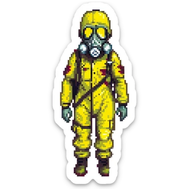 a zombie from the game DAYZ wearing a yellow hazmat suit with a black gasmask sticker