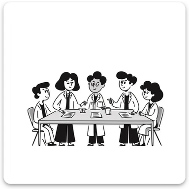 Hand-drawn meeting of emergency medical fund committee with doctors, nurses and financial documents sticker