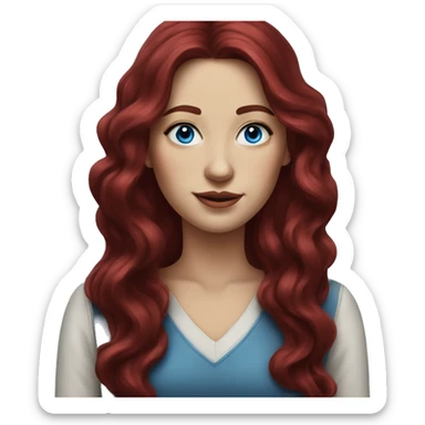 Realistic portrait of woman with long, wavy, dark red velvet colored hair and blue eyes  sticker