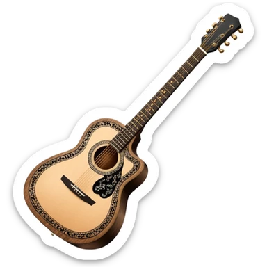 acoustic sunrise guitar with black lacy-details and engraved small black music notes sticker