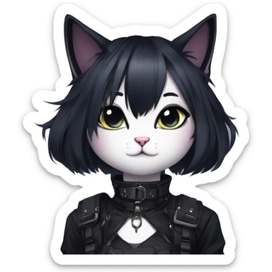 Gorgeous gothic dark techwear anime style anthro cat with blushing face aesthetic and pretty edgy black with collar and harness trending style sticker