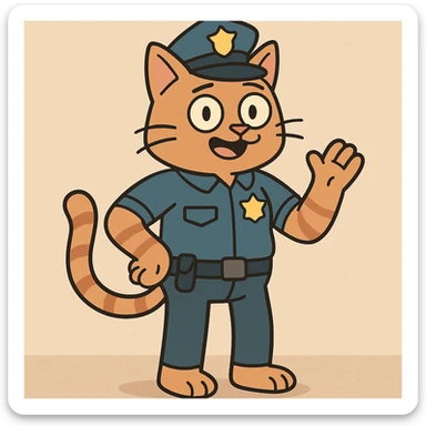 a police officer with a cat body, playful cartoon style, colorful, fun sticker
