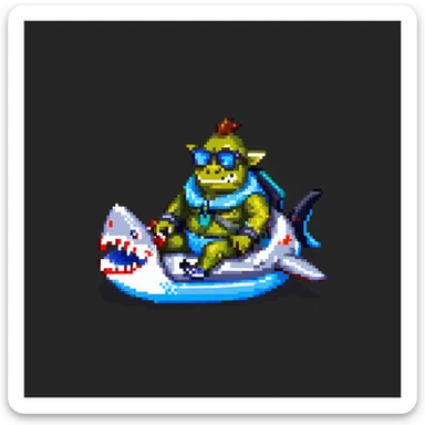 orc male sitting in an inflatable floatie shaped like a shark, wearing oversized sunglasses and a whistle on a neck cord, pixel art style sticker