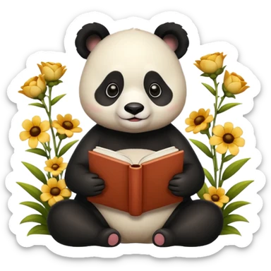 beige panda reading books + flowers sticker