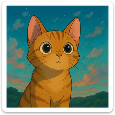 a curious cat with big eyes and a dreamy background in Ghibli style sticker