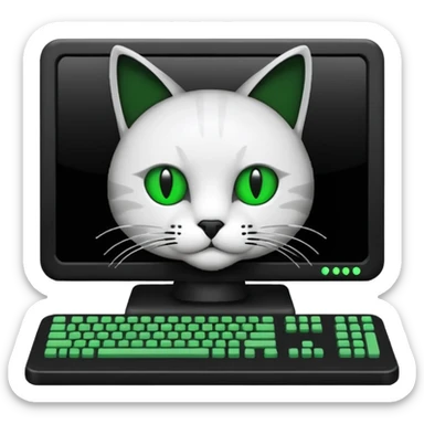 mac os icon code computer retro terminal, black, green white, cat draw as ASCII code inside the terminal sticker