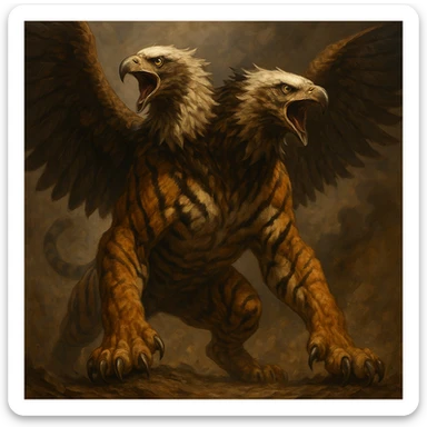 A fusion creature: tiger's body, two eagle heads, feathered wings, and tiger paws, in a dramatic stance, mythical hybrid. sticker