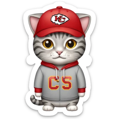 Grey tabby cat wearing KC chiefs hoodie and chiefs ball cap sticker