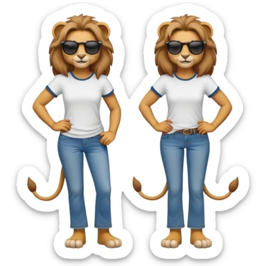 friendly anthropomorphised female lion character, full body, standing confidently with arms folded, wearing jeans, a t-shirt, and dark sunglasses, with a confident smile sticker