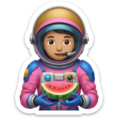 Neon pink and blue spaceman eating melon sticker