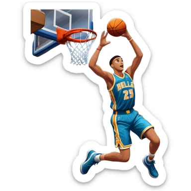An icon showing a close-up of a basketball player in mid-air, performing an impressive dunk, inspired by NBA 2K25. The player is focused, with the ball in hand and the court in the background. Bright lights emphasize the action and excitement. Transparent background. sticker