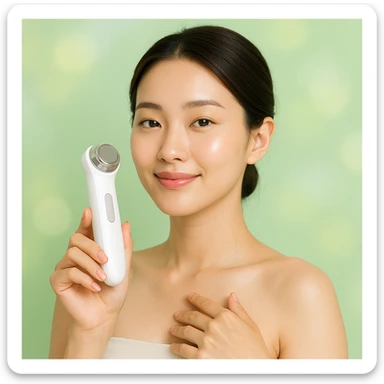 Korean woman holding a beauty device, emphasizing beauty care, fresh background sticker