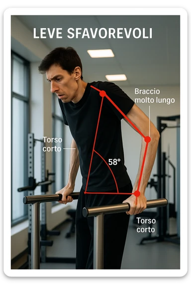 a tall, lean man with very long arms and a short torso attempts a dip on parallel bars. His elbows are deeply bent and his body appears awkwardly positioned, highlighting the mechanical disadvantage. An overlay shows anatomical lines and angles, with labels explaining “Leve Sfavorevoli” The background is a modern gym, with a focus on biomechanics. in italiano sticker