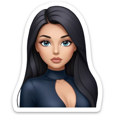 Glamours, tanned, very beautiful girl, with big pump peach-beige-rose lips, long long lashes, black straight smooth silky long hair, straight parting hair, blue-grey eyes in black long-sleeves bodysuit sticker