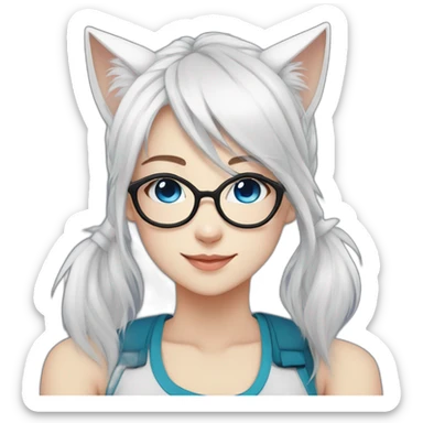 anime style white hair catgirl, black glasses, tank top, pony tail hair, blue eyes sticker