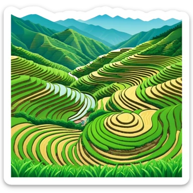 Longji Rice Terraces Guangxi curved farming terraces, simplified emoji style with bold outlines and bright colors, cartoon style layered green fields on mountain sticker