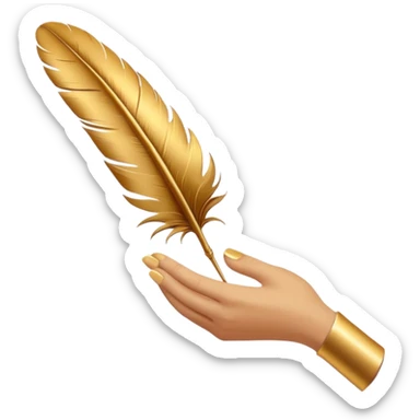 3D perspective hand holding premium golden ink feather sticker