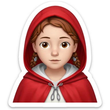 a 12 year old girl with fair skin, freckles, and brown hair done in French braids that come down to her breasts. she has a red hooded cape with the hood drawn. she has big, brown eyes and normal eyebrows sticker