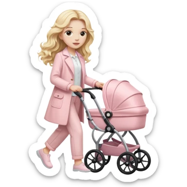 A white girl with long blonde wavy hair in pale pink clothes walks with a stroller sticker