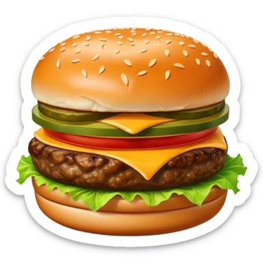 Cinematic juicy cheeseburger, perfectly grilled patty, melted cheese, crisp lettuce, tomatoes, and pickles, soft sesame seed bun, glossy and rich, warm glowing background, ultra-detailed and appetizing. sticker