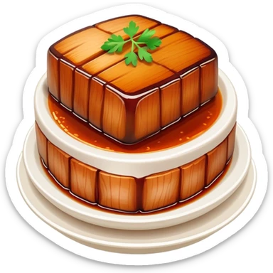 Dongpo Pork braised pork belly caramelized dish, simplified emoji style with bold outlines and bright colors, cartoon style Chinese culinary heritage sticker