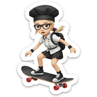 ["An angry woman with light skin, ponytail, wearing a chef hat and square glasses, dressed in goth fashion, is skateboarding while holding a backpack."] sticker