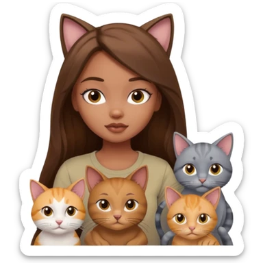 a pretty bratz dusky girl with long brown hair with four cats nd wearing a grey tshirt sticker