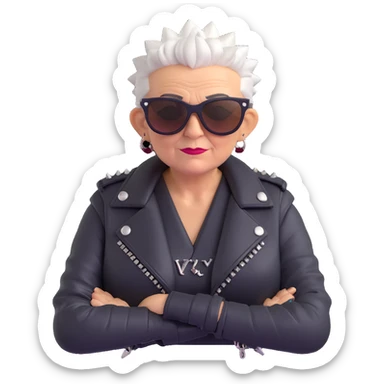 A punk grandma with a leather jacket, spiked hair, and sunglasses sticker