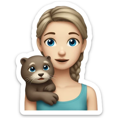 a very tired girl with blue eyes and fair skin with an otter in her hands sticker