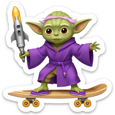 yoda in a purple robe using a rocket as a skate sticker