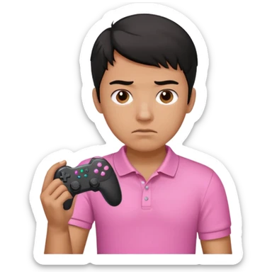 generate a pretty tan bratz boy with a pink polo. Holding a gaming controller in hand. Black hair.looking sad sticker
