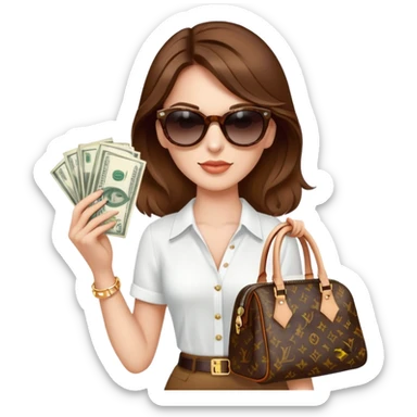 Old money women with sunglasses and brown hair and Luis Vuitton bag and lots of money  sticker
