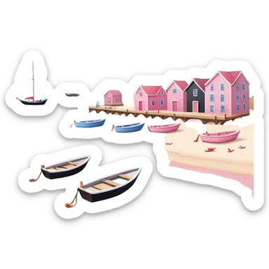 calm summery harbor scene with small boats, wooden docks, gentle pink waves, sandy beach, no cranes or industrial features, only pink shades, soft shadows, rounded edges, in Apple iOS emoji style sticker