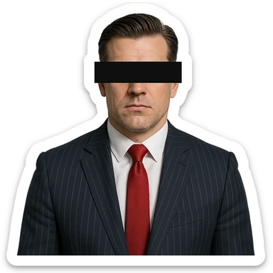 solid man 35-40 years old, dark blue suit with white stripes, red tie, slicked-back hairstyle, black rectangle with eyes covering part of face sticker