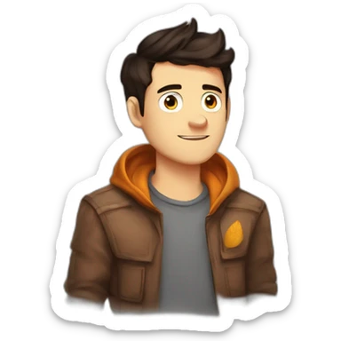 drawn character in the style of gravity falls, guy, dark hair, gray eyes, autumn entourage, yellow-orange leaves, portrait, sweater, avatar for social networks, forest in the background sticker