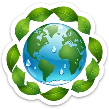 An icon featuring a globe with green leaves, a recycling symbol, and a water droplet, symbolizing ecology. The design includes trees, animals, and renewable energy icons, representing the study of ecosystems, environmental protection, and sustainability. Transparent background sticker