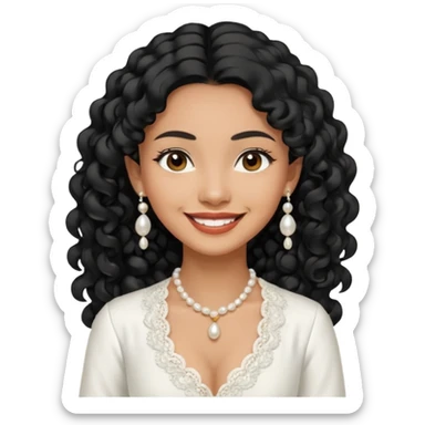 tan skin women, with black long Curly hair, wear white kebaya , and pearl earring sticker