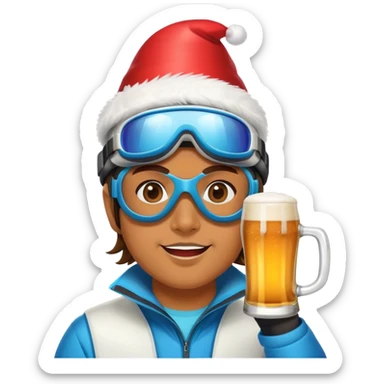 After-ski, a skier, wearing modern skiing goggles, drinking beer. Party sticker