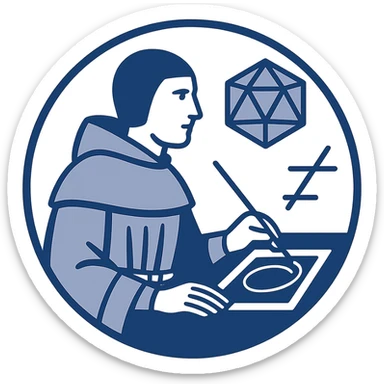 Design a minimalist flat logo based on Luca Pacioli, highlighting geometric and mathematical motifs from the painting, without the tool to his right. Use a circular composition and blue color scheme. sticker