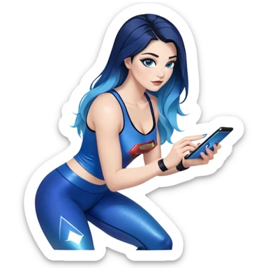Texting on phone-very very very large upper body-sexy face-bending forward at waist-very long very straight dark blue to light blue ombre hair-and-blue eyes-thick black eyeliner-thick long eyelashes-iridescent blue lowcut tanktop with black leggings with glitter superman logo sticker