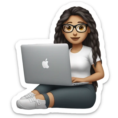 Girl with dark brown ponytail hair chinky eyes with glasses and white skin hold macbook sticker