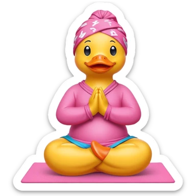 side view of yellow rubber duck with a pink bandana doing yoga while praying sticker