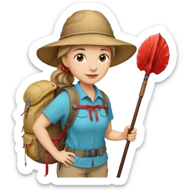 Middle aged women, long brown ponytail with wide brim hiking hat. With backpack and trekking poles. Backpack has a scallop shell with the cross of saint james hanging from it.  Remove the cross and add a scallop shell on a red string hanging from the backpack  sticker