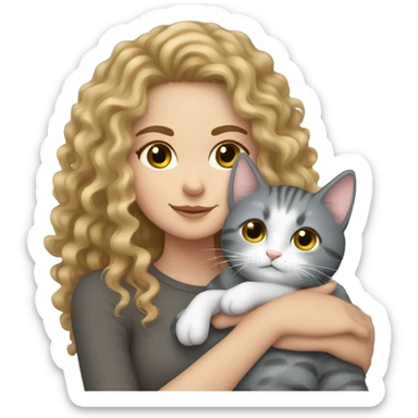 White Girl curly hair cuddling with grey cat sticker