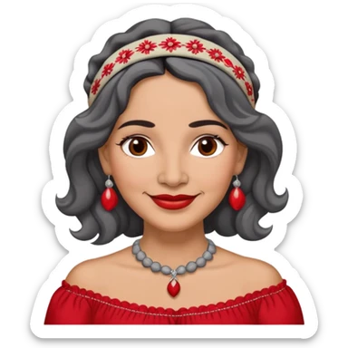 Latina woman, 50 years old, warm light brown skin, round face, wavy black and gray hair, red and white headband, medium eyes, thin eyebrows, kind smile, gray peasant blouse, embroidery, bare shoulders, large dark necklace sticker