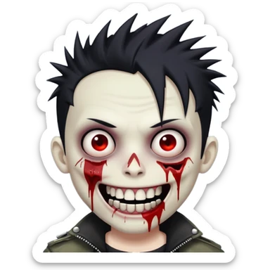 zombie boy with emo spiky hair, white skin, and white eyes; an open smile, and bloodied teeth; sticker