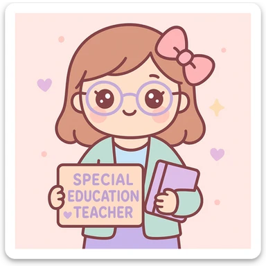special education teacher with a pink bow in her hair, kawaii style, big eyes, sweet expression, pastel background sticker