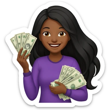 laughing dark long haired woman holding lots of money sticker