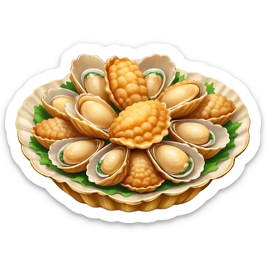 Qingdao fried clams in shell with garlic, simplified emoji style with bold outlines and bright colors, cartoon style Shandong seafood specialty sticker